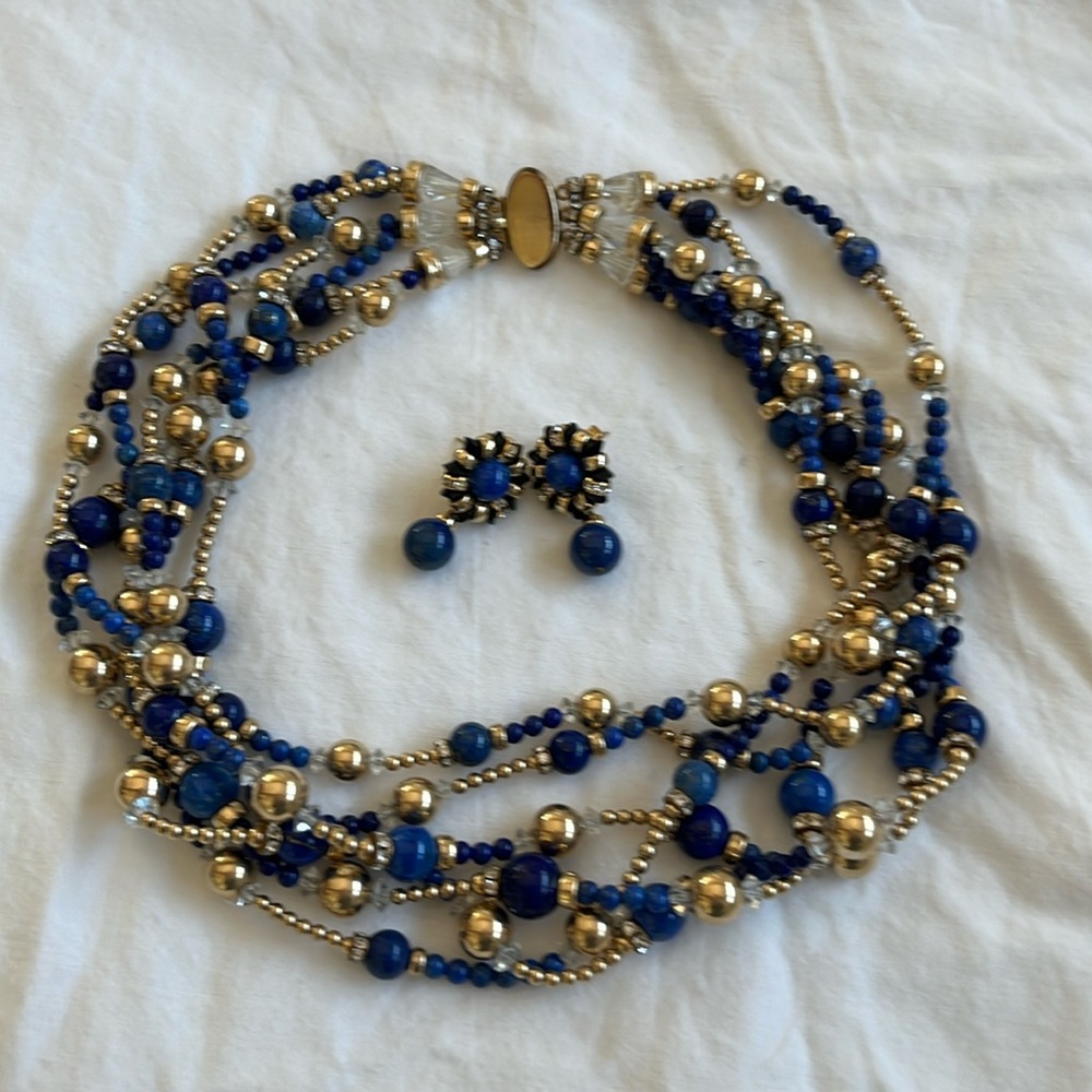 Lapis and Goldtone Necklace with Earrings